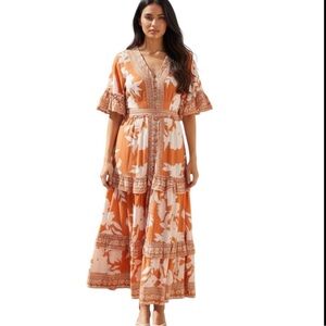 Flying Tomatoe Bohemian Maxi Dress in Orange White Floral Ruffle Dress Size L
